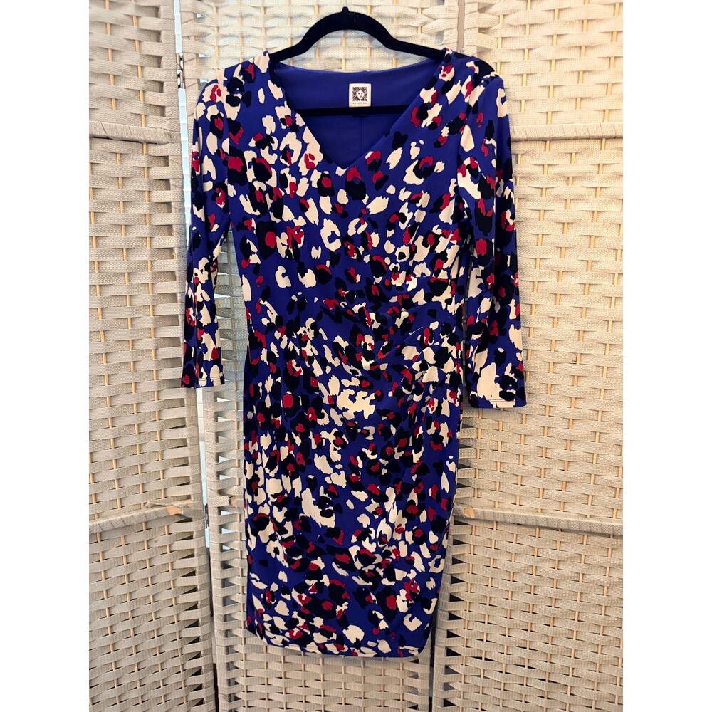 Anne Klein Women's Petite Three Quarter Sleeve V Neckline Midi Dress Blue Small